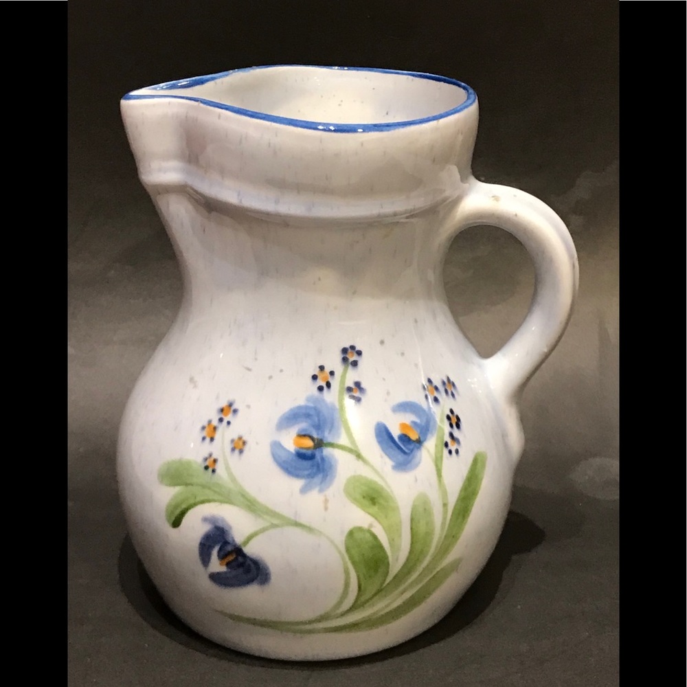 Vintage Ceramic Blue Rimmed Floral Glazed Pitcher.